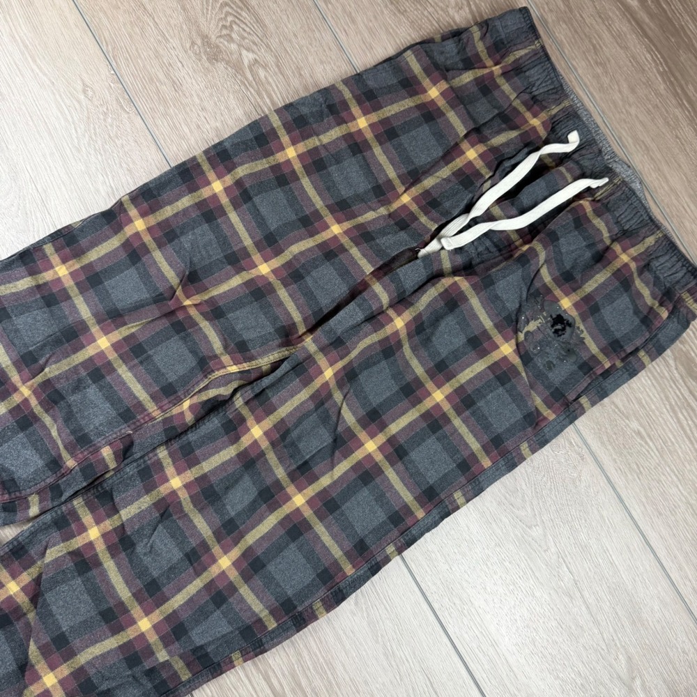 Roots Mens Pajama Pants Plaid Flannel Drawstring Grey Burgundy Yellow Small